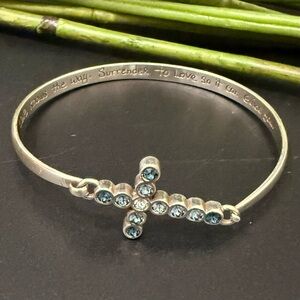 Unsigned Silver-tone Blue Topaz Crystal Cross  w/ Inscription Bangle Bracelet